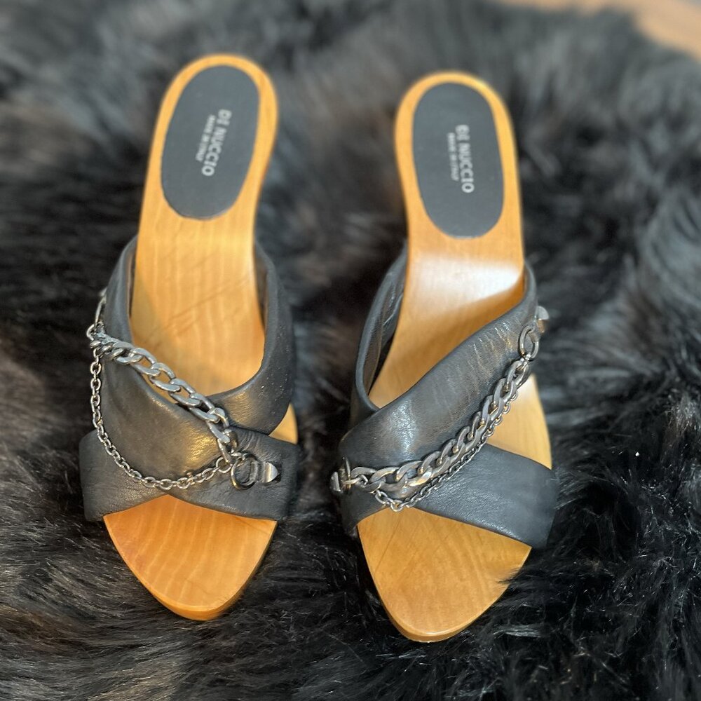 Di Nuccio Leather/Wood Platform Mules, Size 38, 4” Heel,